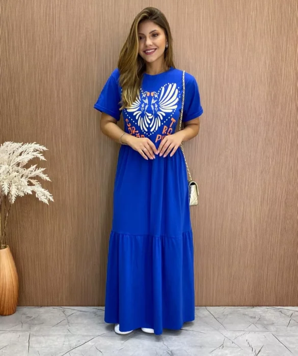 Vestido Longo sem Bojo de Malha Coração Tropical Azul - Fernanda Ramos Store