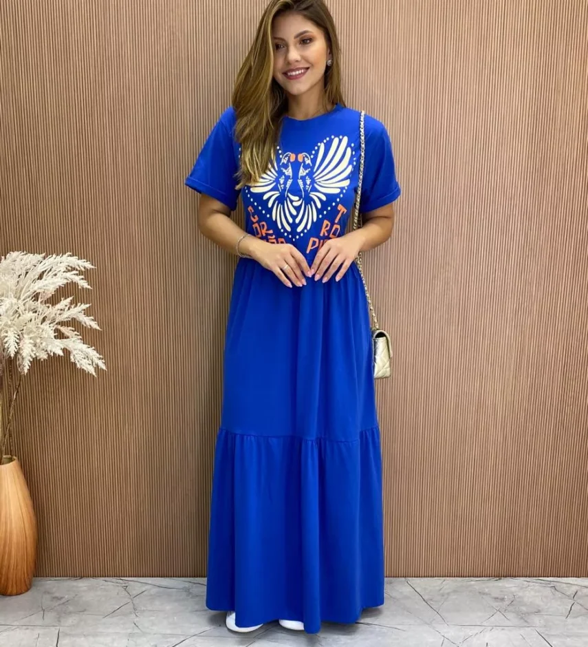Vestido Longo sem Bojo de Malha Coração Tropical Azul - Fernanda Ramos Store