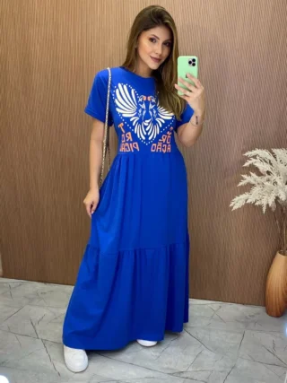 Vestido Longo sem Bojo de Malha Coração Tropical Azul - Fernanda Ramos Store