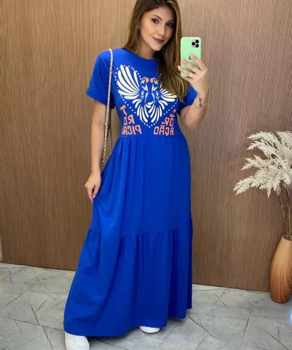 Vestido Longo sem Bojo de Malha Coração Tropical Azul - Fernanda Ramos Store