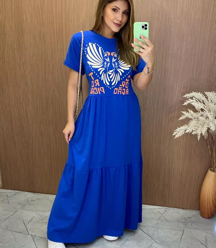 Vestido Longo sem Bojo de Malha Coração Tropical Azul - Fernanda Ramos Store