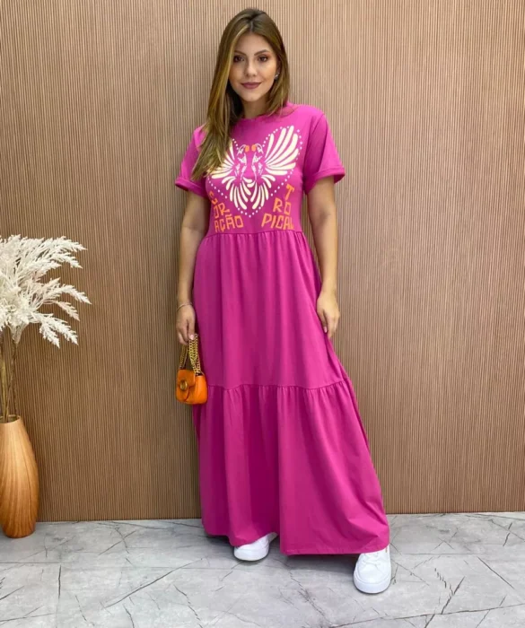 Vestido Longo sem Bojo de Malha Coração Tropical Fúcsia - Fernanda Ramos Store