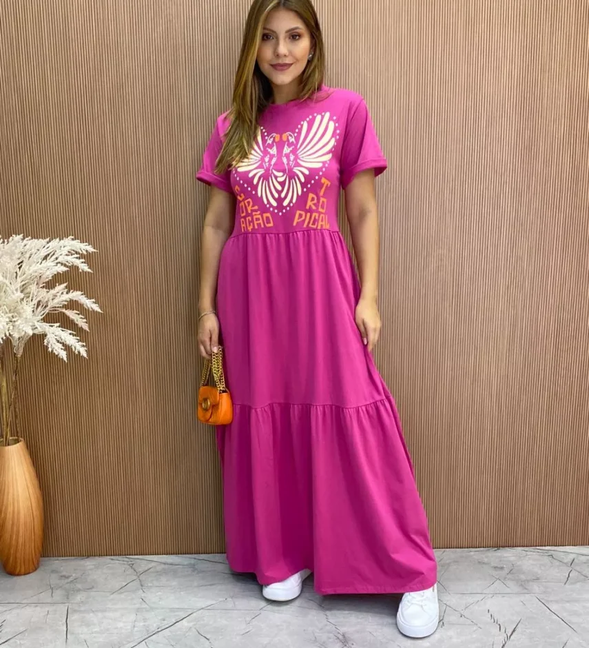 Vestido Longo sem Bojo de Malha Coração Tropical Fúcsia - Fernanda Ramos Store