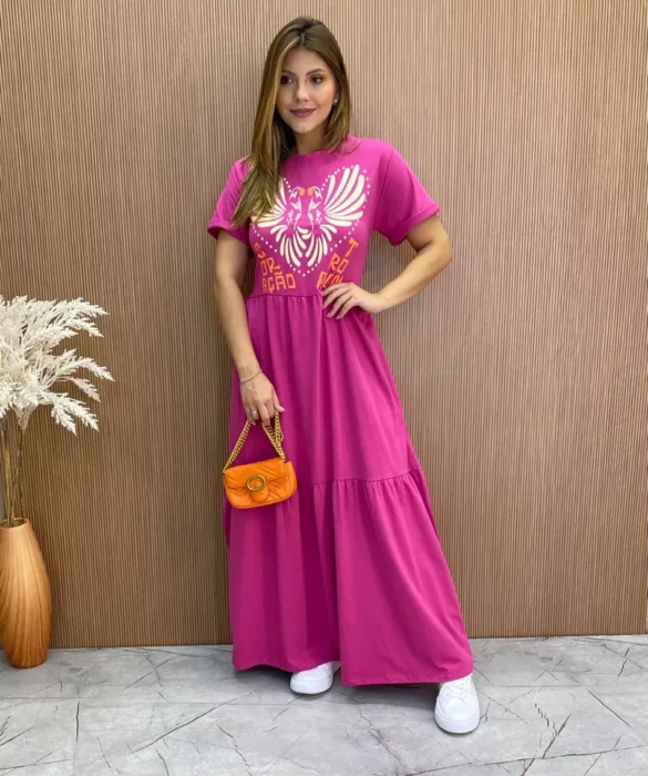 Vestido Longo sem Bojo de Malha Coração Tropical Fúcsia - Fernanda Ramos Store