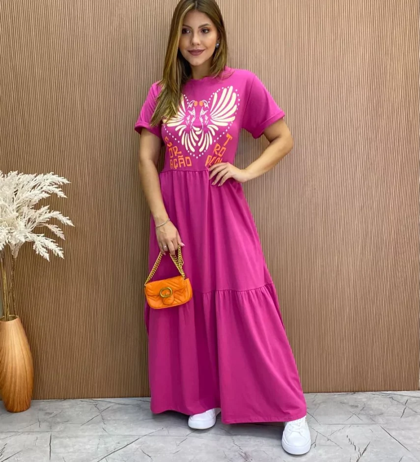 Vestido Longo sem Bojo de Malha Coração Tropical Fúcsia - Fernanda Ramos Store