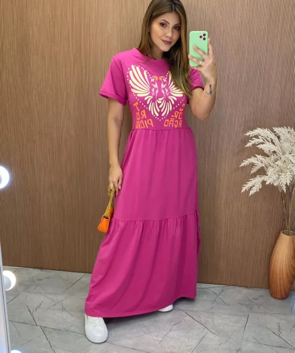 Vestido Longo sem Bojo de Malha Coração Tropical Fúcsia - Fernanda Ramos Store