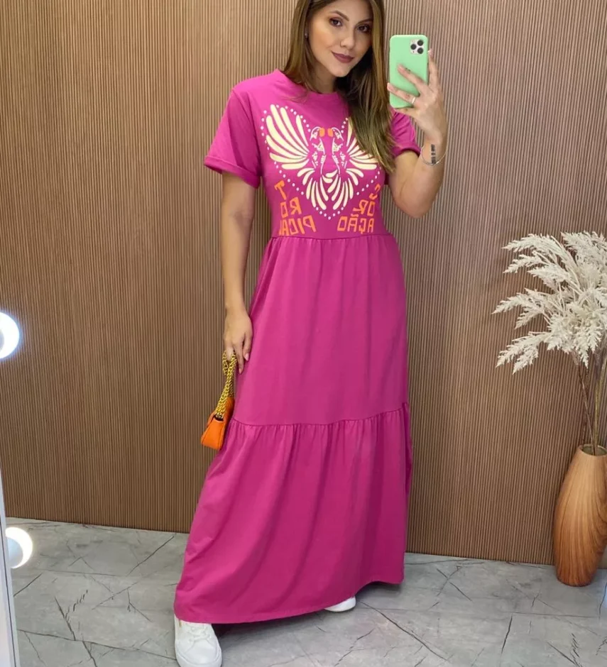 Vestido Longo sem Bojo de Malha Coração Tropical Fúcsia - Fernanda Ramos Store