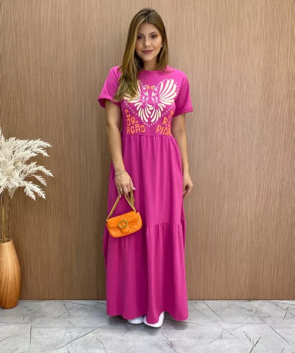 Vestido Longo sem Bojo de Malha Coração Tropical Fúcsia - Fernanda Ramos Store