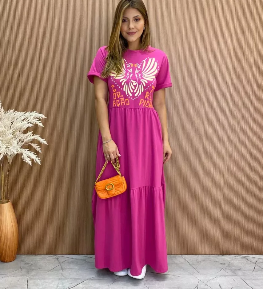 Vestido Longo sem Bojo de Malha Coração Tropical Fúcsia - Fernanda Ramos Store