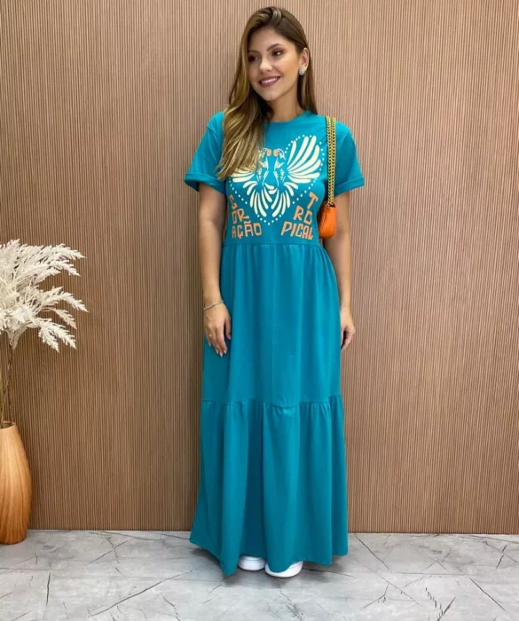 Vestido Longo sem Bojo de Malha Coração Tropical Verde Água - Fernanda Ramos Store