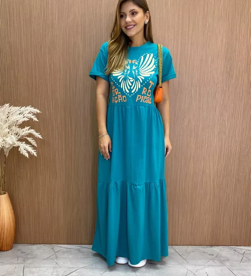 Vestido Longo sem Bojo de Malha Coração Tropical Verde Água - Fernanda Ramos Store