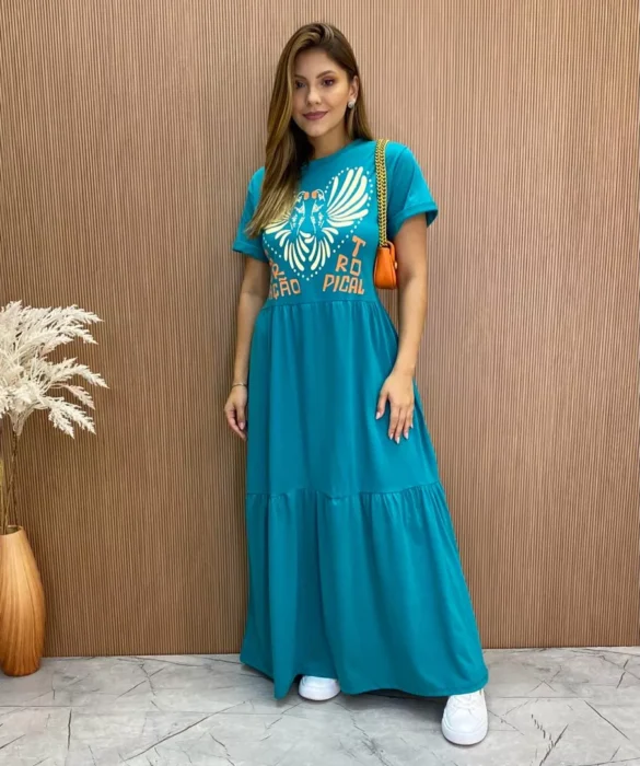 Vestido Longo sem Bojo de Malha Coração Tropical Verde Água - Fernanda Ramos Store