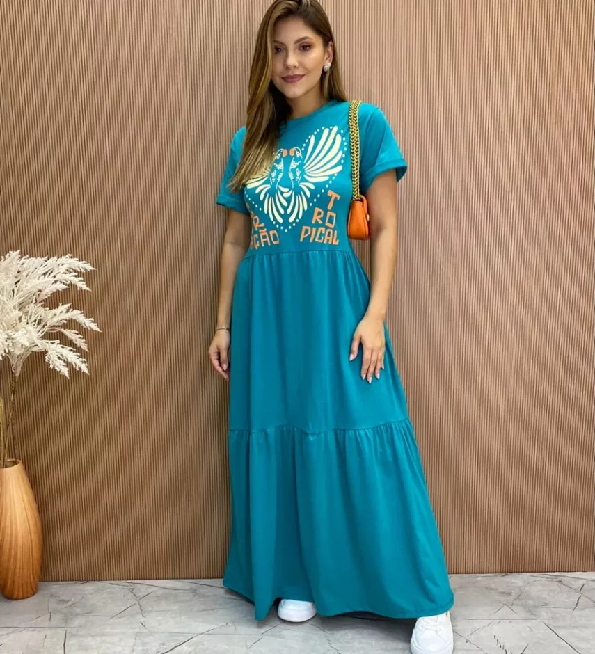 Vestido Longo sem Bojo de Malha Coração Tropical Verde Água - Fernanda Ramos Store