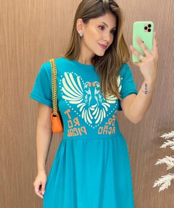 Vestido Longo sem Bojo de Malha Coração Tropical Verde Água - Fernanda Ramos Store