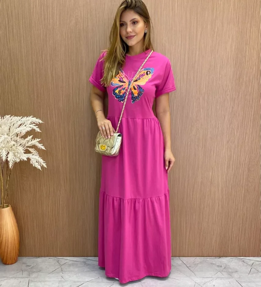 Vestido Longo sem Bojo de Malha Estampa Borboleta Fúcsia - Fernanda Ramos Store