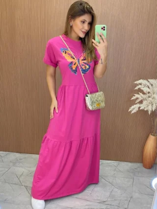 Vestido Longo sem Bojo de Malha Estampa Borboleta Fúcsia - Fernanda Ramos Store