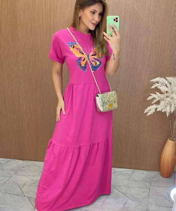 Vestido Longo sem Bojo de Malha Estampa Borboleta Fúcsia - Fernanda Ramos Store