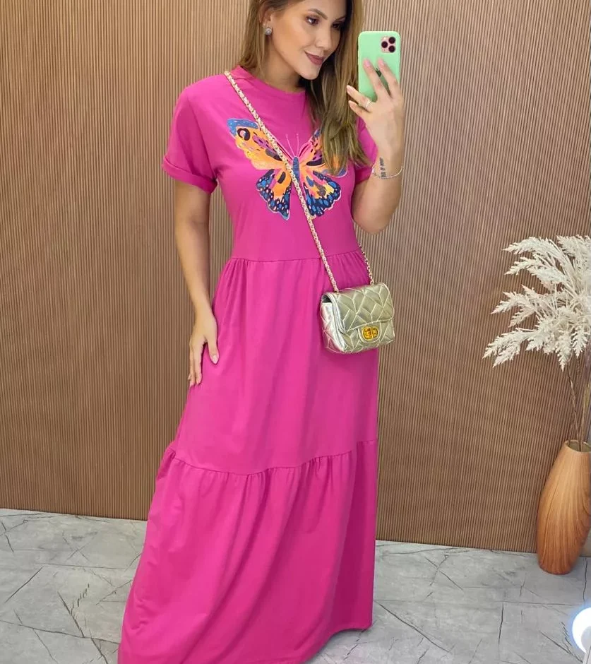 Vestido Longo sem Bojo de Malha Estampa Borboleta Fúcsia - Fernanda Ramos Store