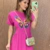 Vestido Longo sem Bojo de Malha Estampa Borboleta Fúcsia - Fernanda Ramos Store