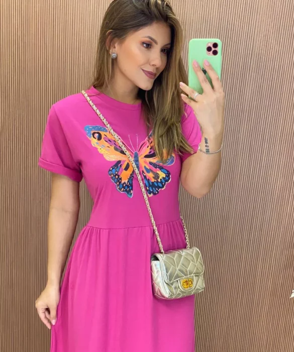 Vestido Longo sem Bojo de Malha Estampa Borboleta Fúcsia - Fernanda Ramos Store