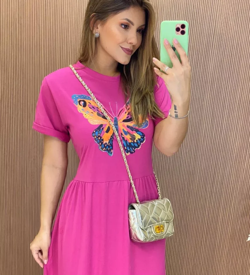 Vestido Longo sem Bojo de Malha Estampa Borboleta Fúcsia - Fernanda Ramos Store