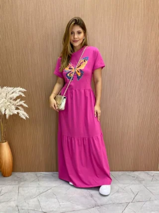 Vestido Longo sem Bojo de Malha Estampa Borboleta Fúcsia - Fernanda Ramos Store