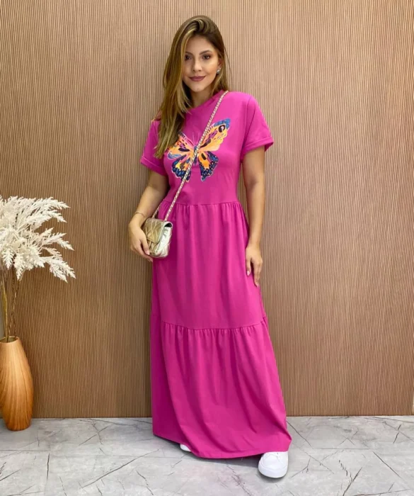 Vestido Longo sem Bojo de Malha Estampa Borboleta Fúcsia - Fernanda Ramos Store