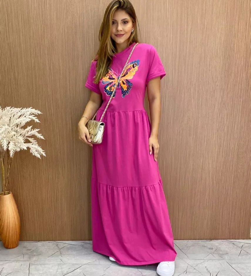 Vestido Longo sem Bojo de Malha Estampa Borboleta Fúcsia - Fernanda Ramos Store