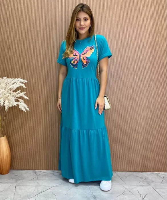 Vestido Longo sem Bojo de Malha Estampa Borboleta Verde Água - Fernanda Ramos Store