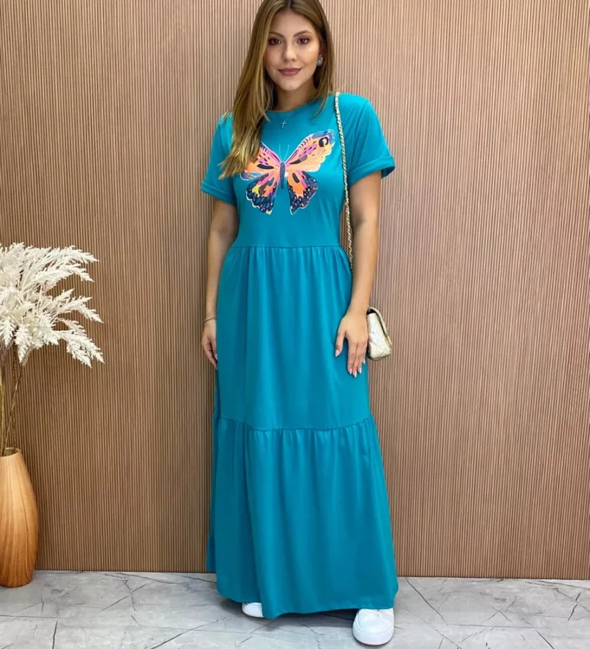 Vestido Longo sem Bojo de Malha Estampa Borboleta Verde Água - Fernanda Ramos Store