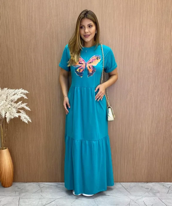 Vestido Longo sem Bojo de Malha Estampa Borboleta Verde Água - Fernanda Ramos Store