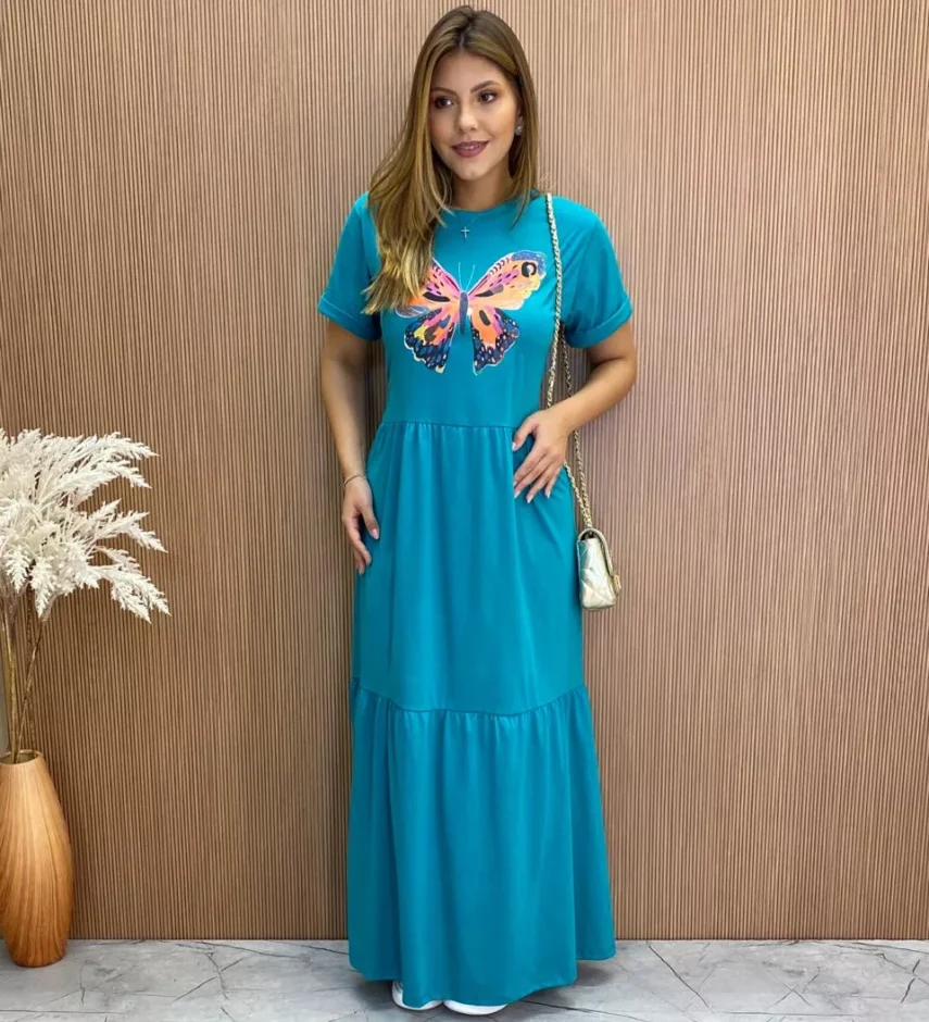 Vestido Longo sem Bojo de Malha Estampa Borboleta Verde Água - Fernanda Ramos Store