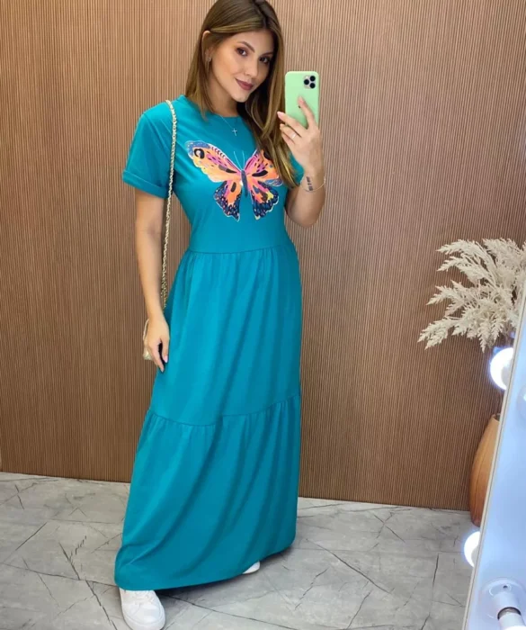 Vestido Longo sem Bojo de Malha Estampa Borboleta Verde Água - Fernanda Ramos Store