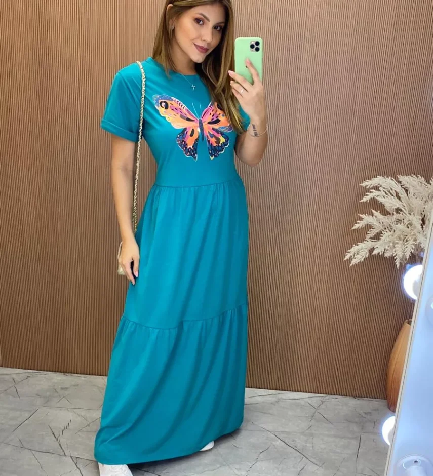 Vestido Longo sem Bojo de Malha Estampa Borboleta Verde Água - Fernanda Ramos Store