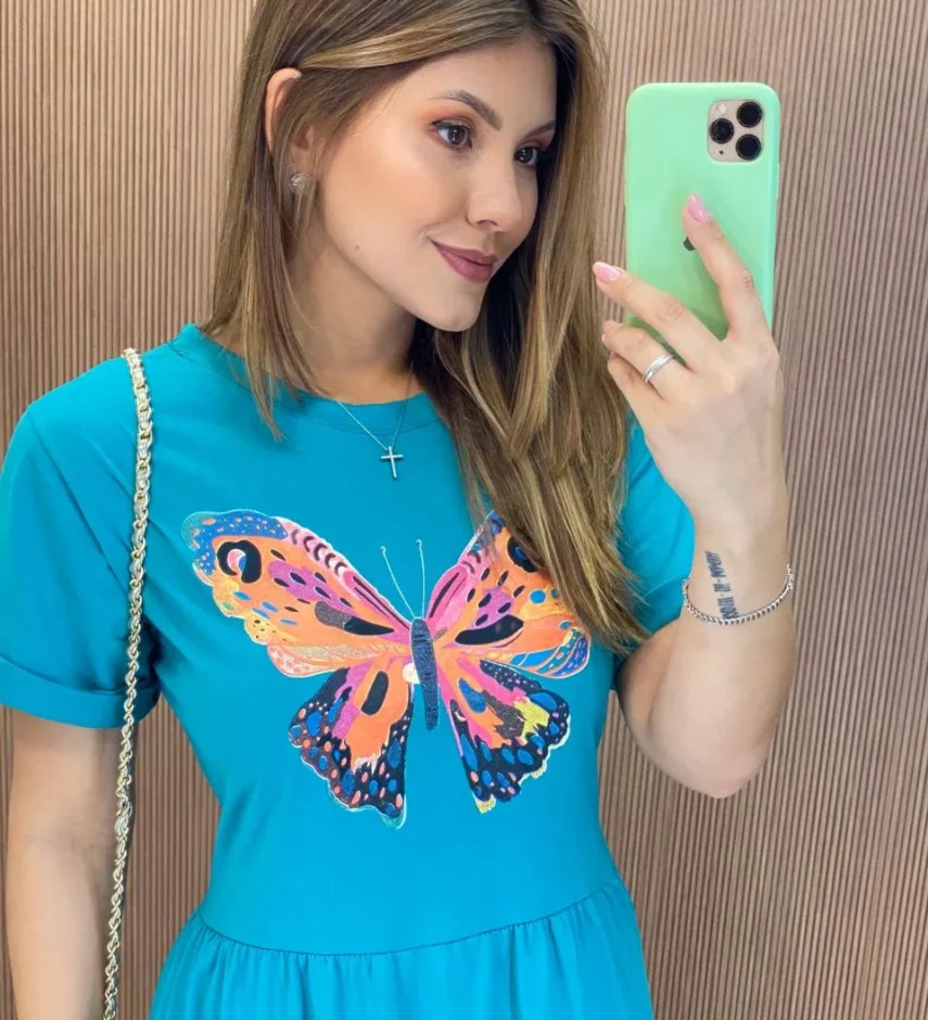 Vestido Longo sem Bojo de Malha Estampa Borboleta Verde Água - Fernanda Ramos Store