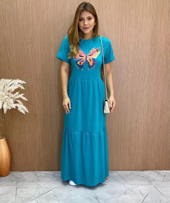 Vestido Longo sem Bojo de Malha Estampa Borboleta Verde Água - Fernanda Ramos Store