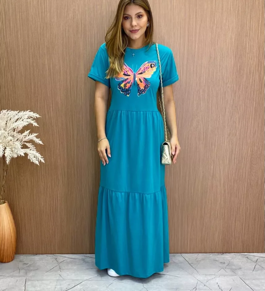 Vestido Longo sem Bojo de Malha Estampa Borboleta Verde Água - Fernanda Ramos Store
