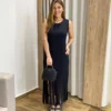 Vestido Longo sem Bojo de Malha Preto com Franjas - Fernanda Ramos Store