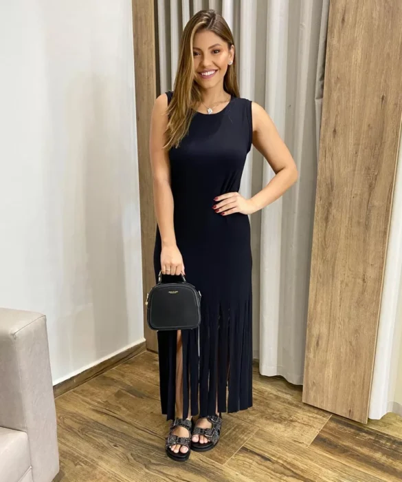 Vestido Longo sem Bojo de Malha Preto com Franjas - Fernanda Ramos Store