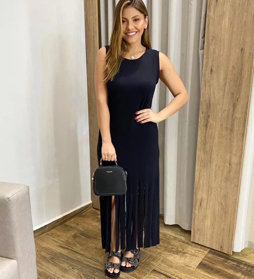 Vestido Longo sem Bojo de Malha Preto com Franjas - Fernanda Ramos Store