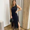 Vestido Longo sem Bojo de Malha Preto com Franjas - Fernanda Ramos Store