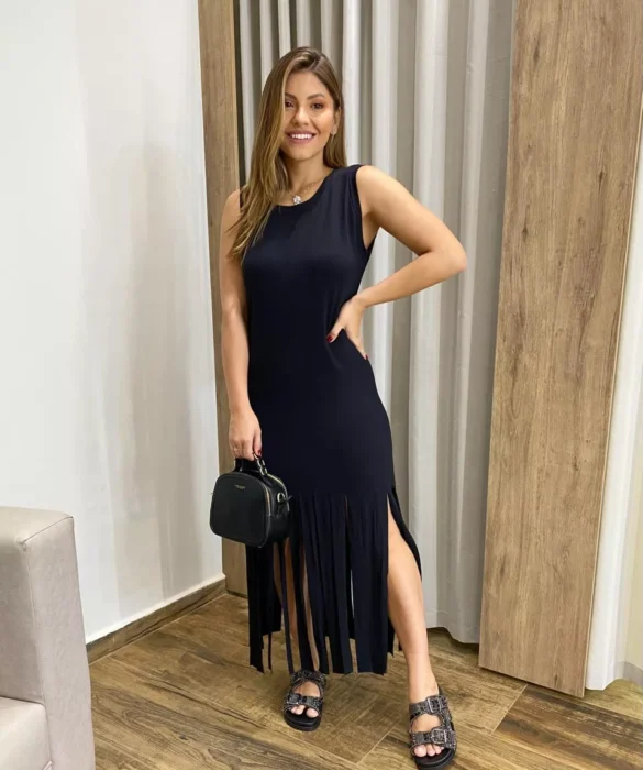 Vestido Longo sem Bojo de Malha Preto com Franjas - Fernanda Ramos Store