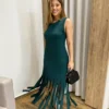 Vestido Longo sem Bojo de Malha Verde com Franjas - Fernanda Ramos Store