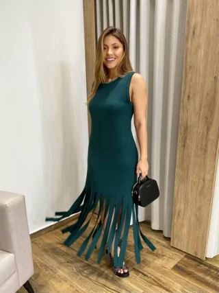 Vestido Longo sem Bojo de Malha Verde com Franjas - Fernanda Ramos Store