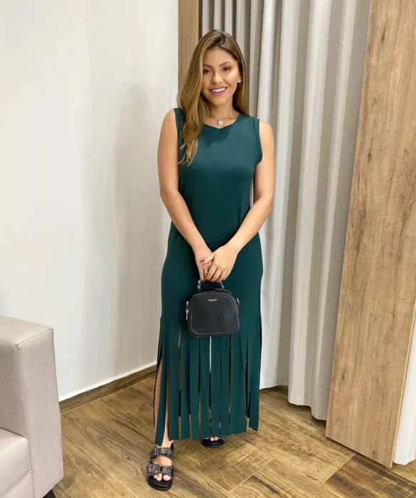 Vestido Longo sem Bojo de Malha Verde com Franjas - Fernanda Ramos Store