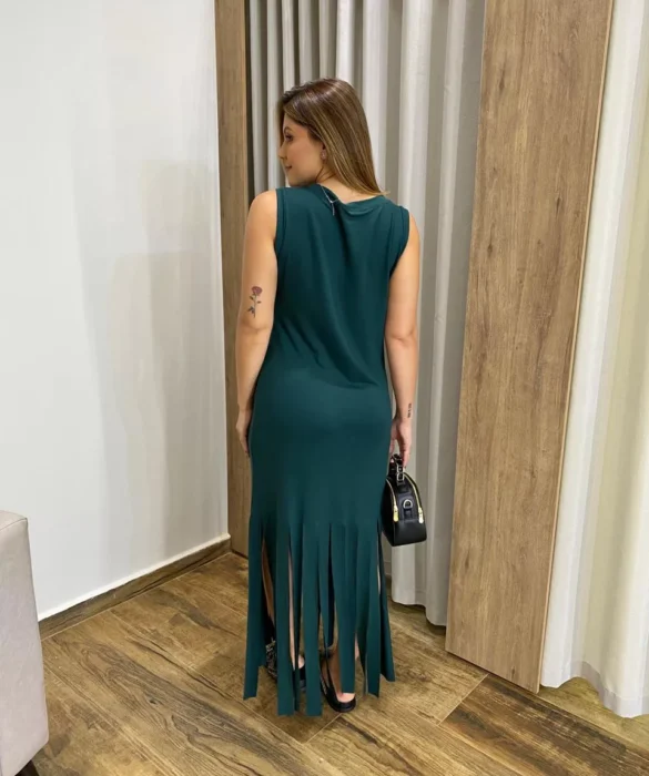 Vestido Longo sem Bojo de Malha Verde com Franjas - Fernanda Ramos Store