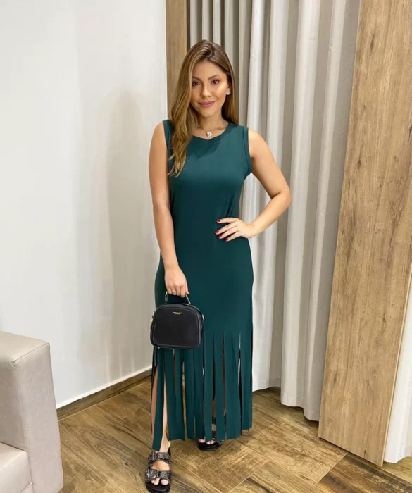 Vestido Longo sem Bojo de Malha Verde com Franjas - Fernanda Ramos Store