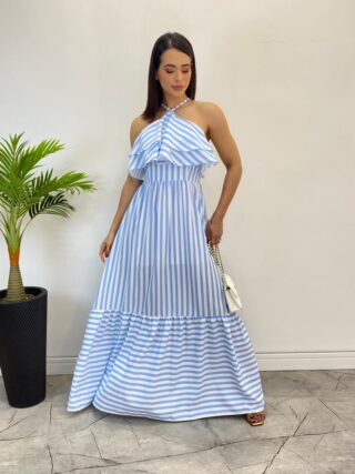 Vestido Longo Sophia sem Bojo Detalhe em Babado Listrado Azul - Fernanda Ramos Store