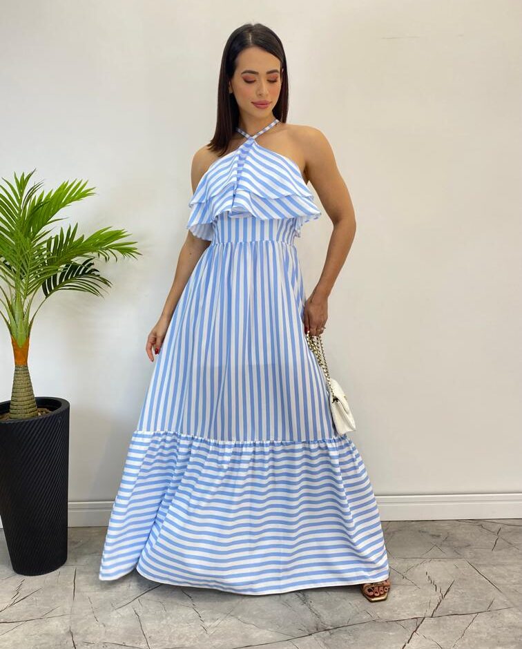 Vestido Longo Sophia sem Bojo Detalhe em Babado Listrado Azul - Fernanda Ramos Store