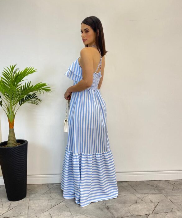 Vestido Longo Sophia sem Bojo Detalhe em Babado Listrado Azul - Fernanda Ramos Store